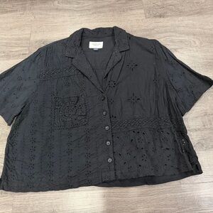 American Eagle Outfitters Black Eyelet Button-Down Top